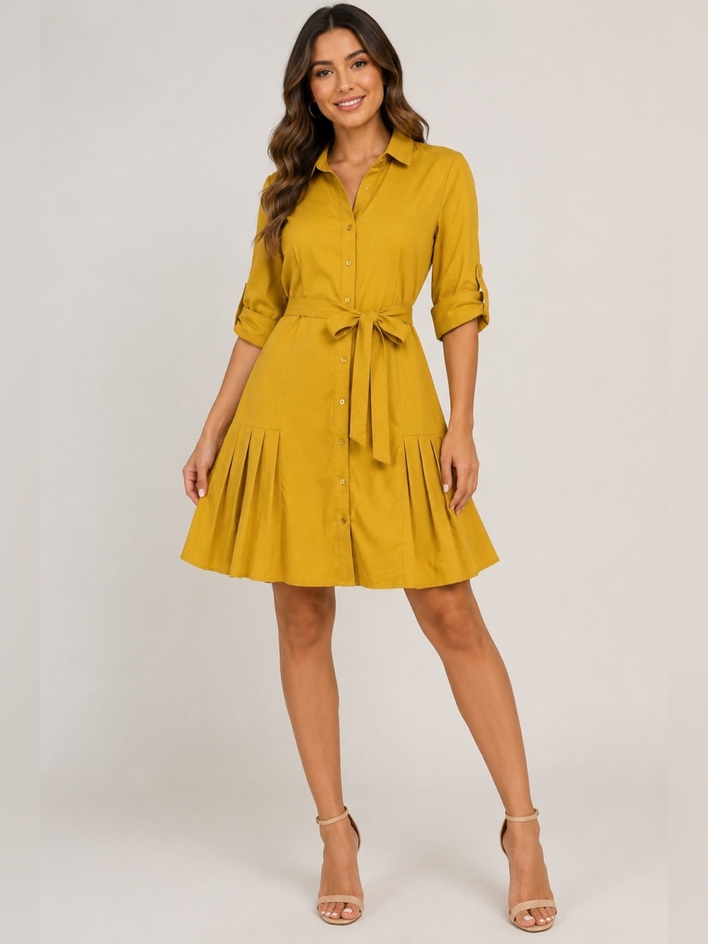 Iris Bloom Mustard Yellow Button Down Belted Shirt Dress Size S NWT